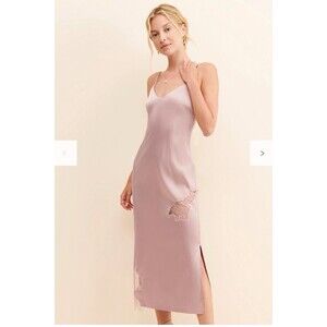 Allina Liu Calla Satin Slip Dress Size 6 Pink Lace Insets Open Back Tie Midi EUC